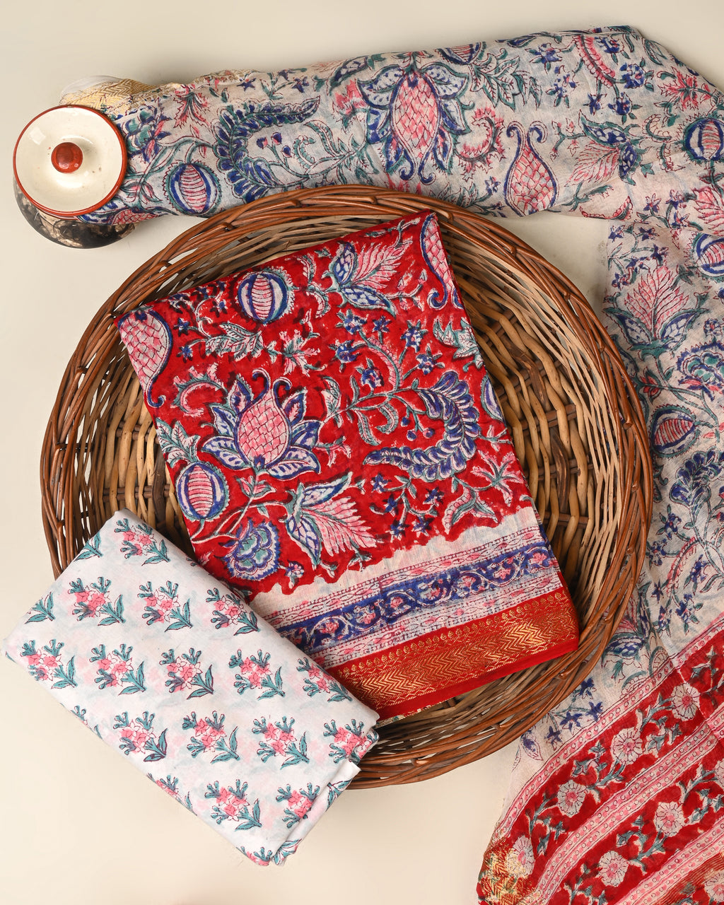 Designer hand block printed premium maheswari silk suit