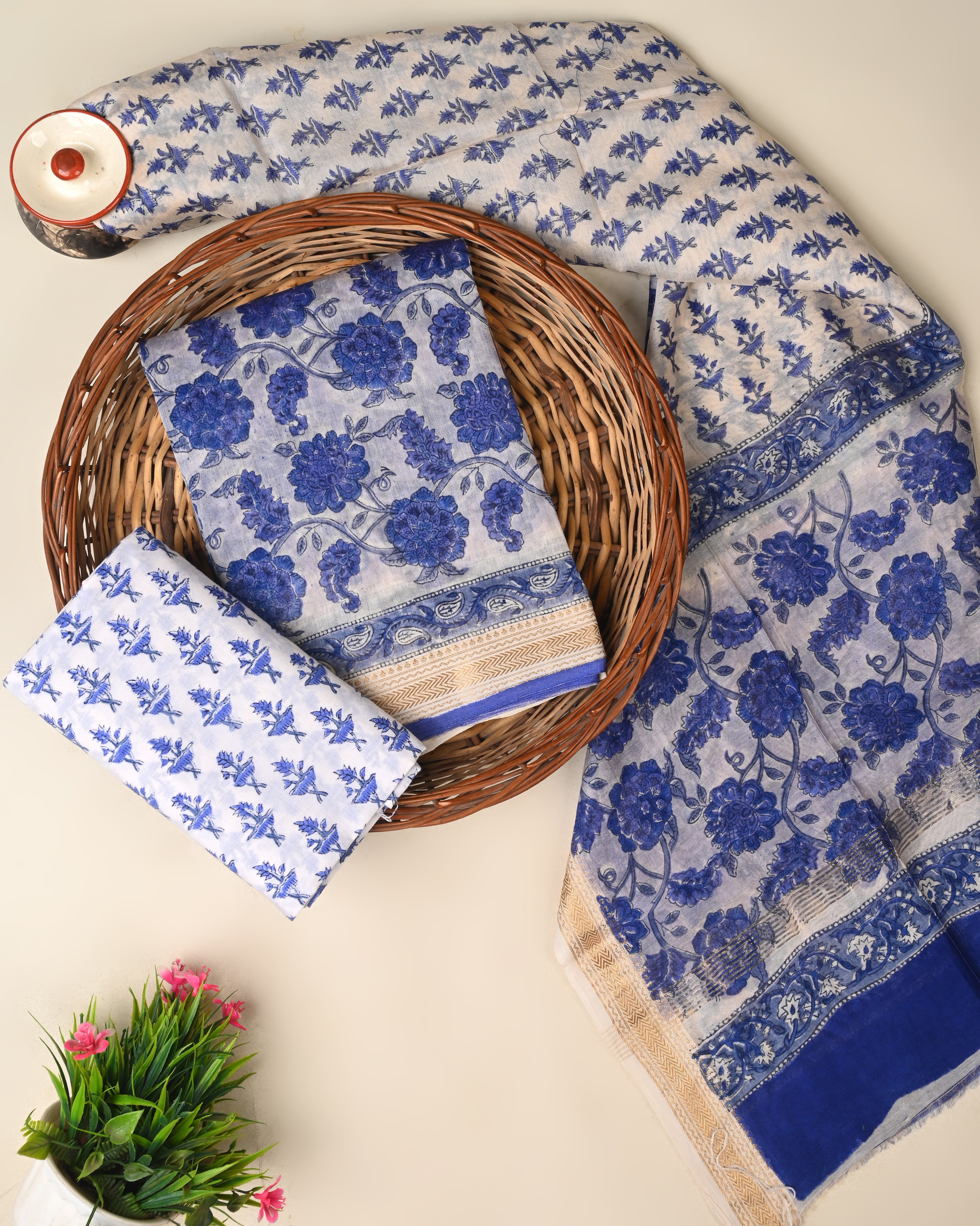 Designer hand block printed premium maheswari silk suit