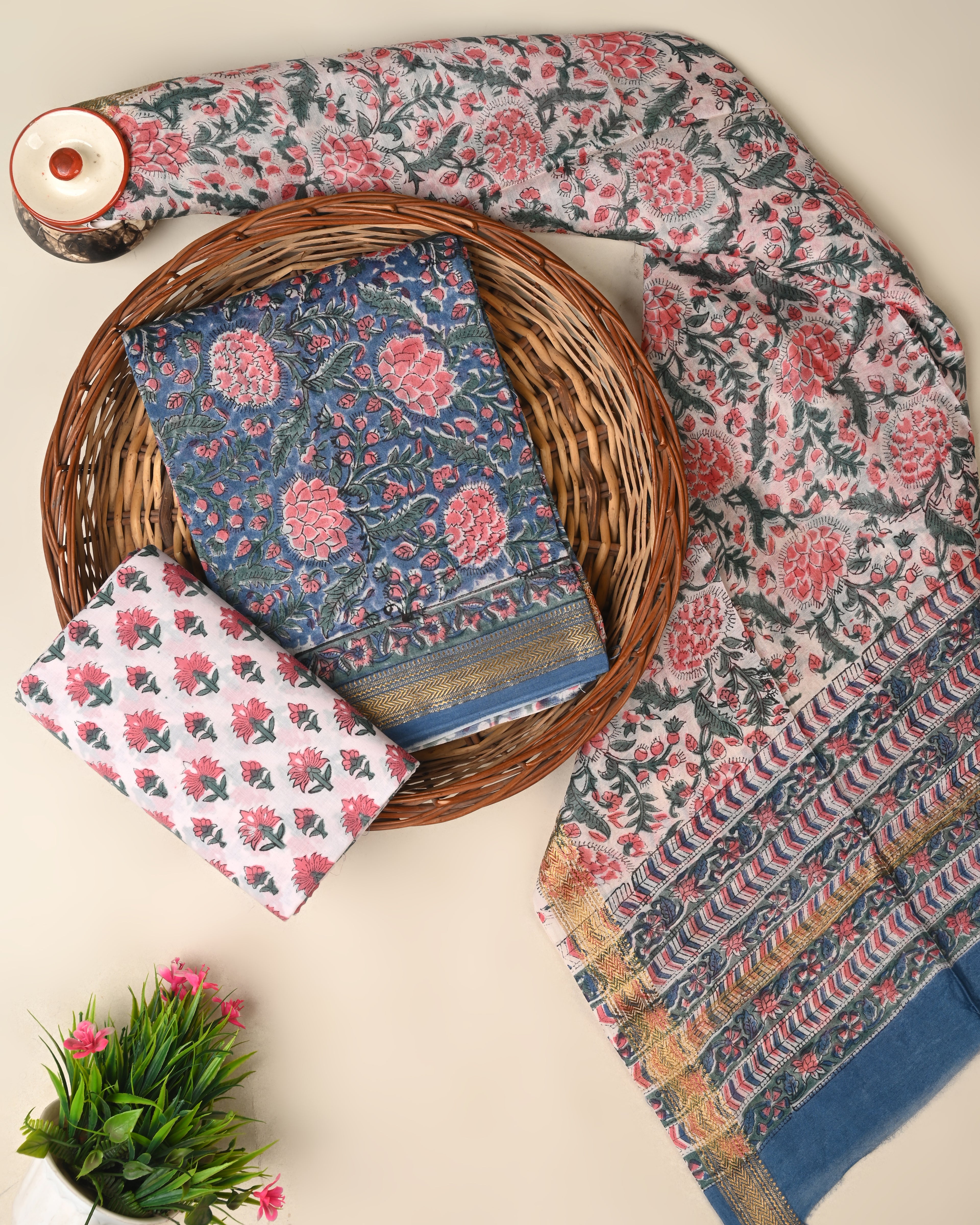 Designer hand block printed premium maheswari silk suit