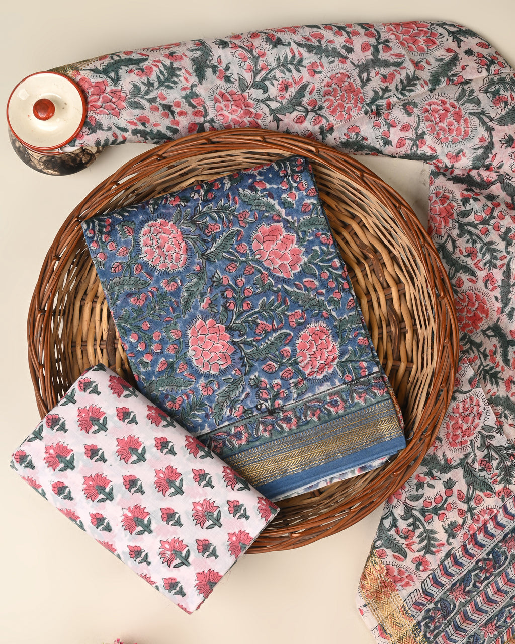 Designer hand block printed premium maheswari silk suit