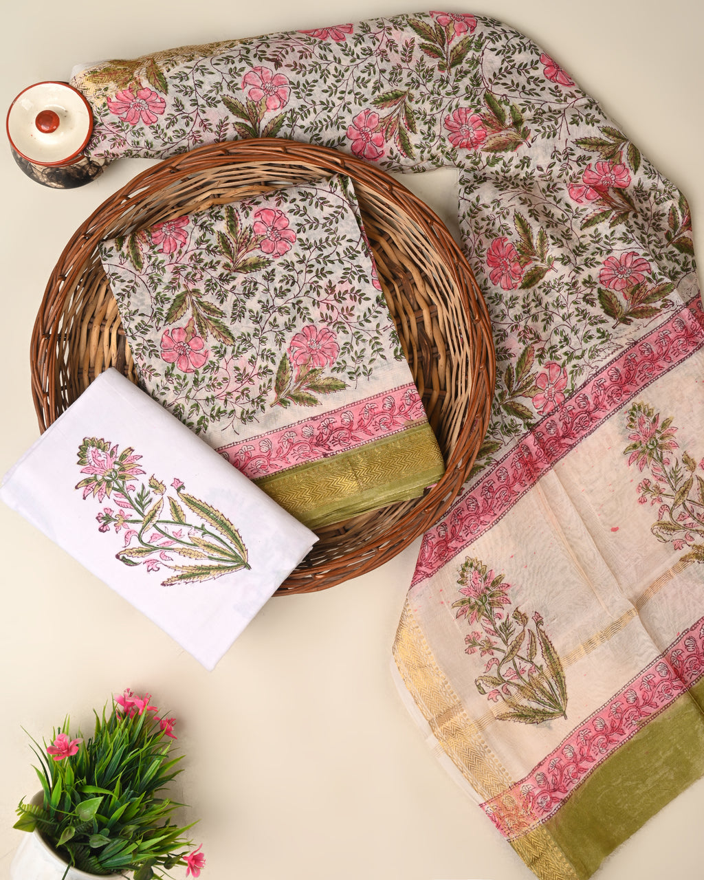 Designer hand block printed premium maheswari silk suit