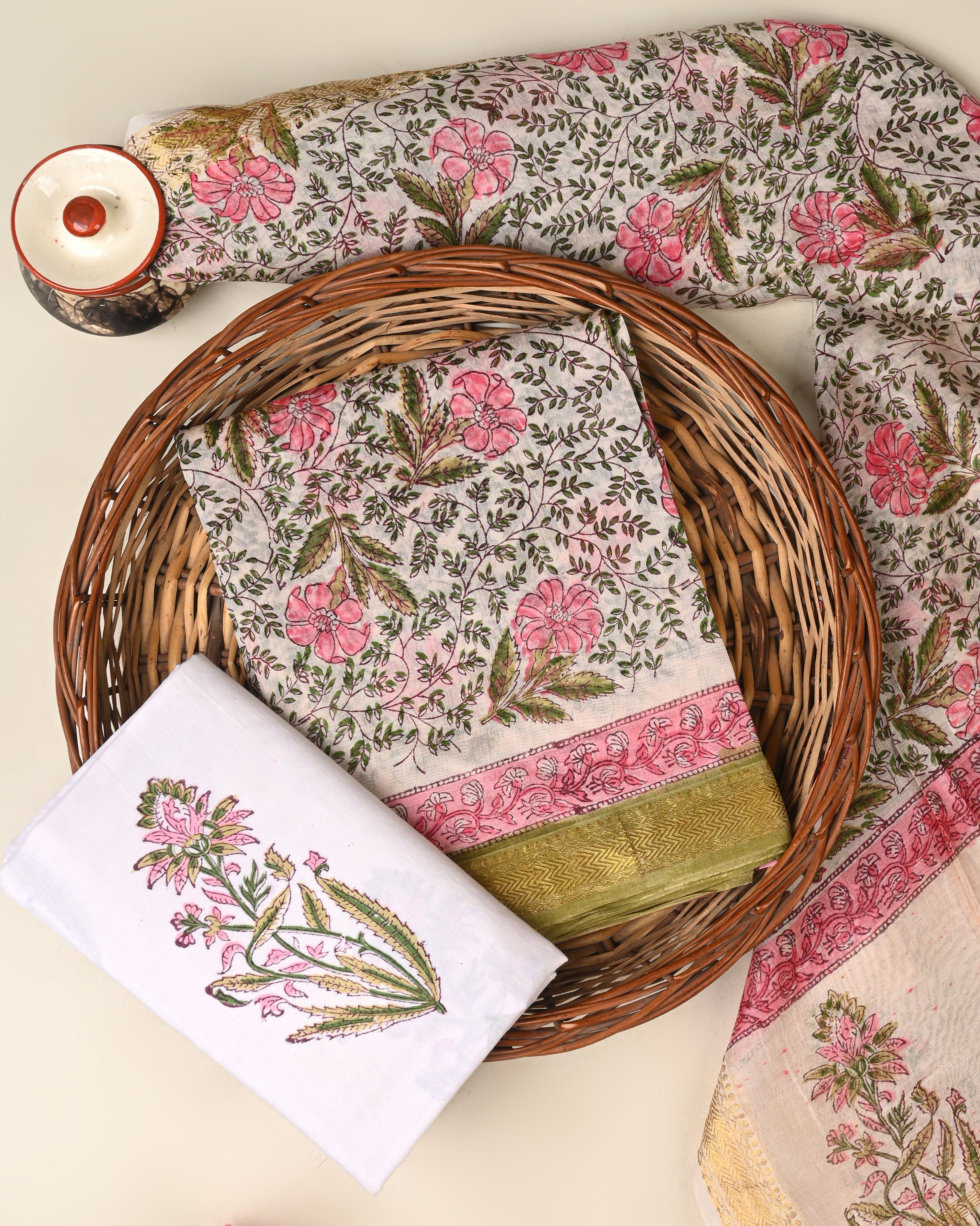 Designer hand block printed premium maheswari silk suit