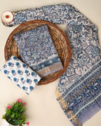 Designer hand block printed premium maheswari silk suit