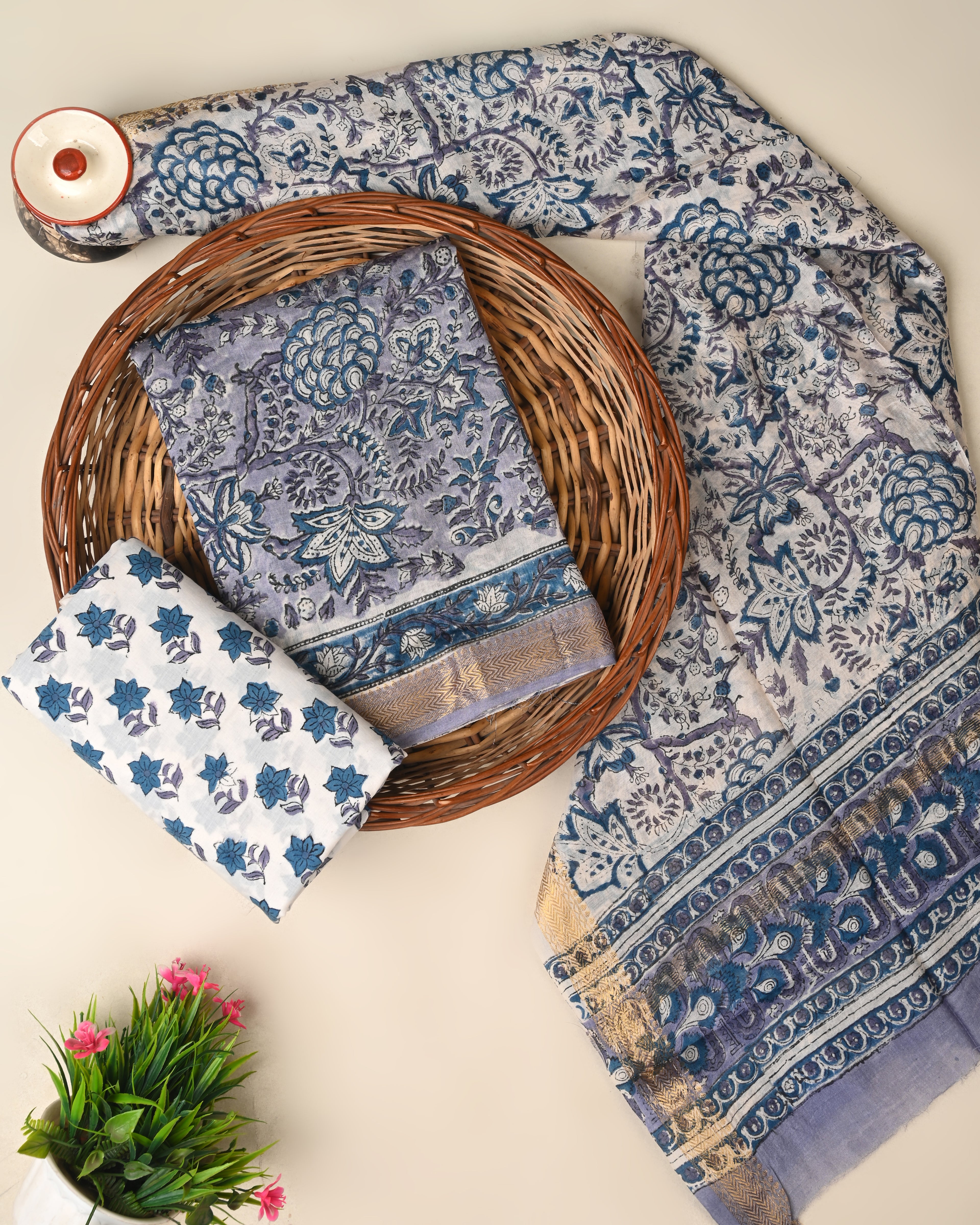 Designer hand block printed premium maheswari silk suit