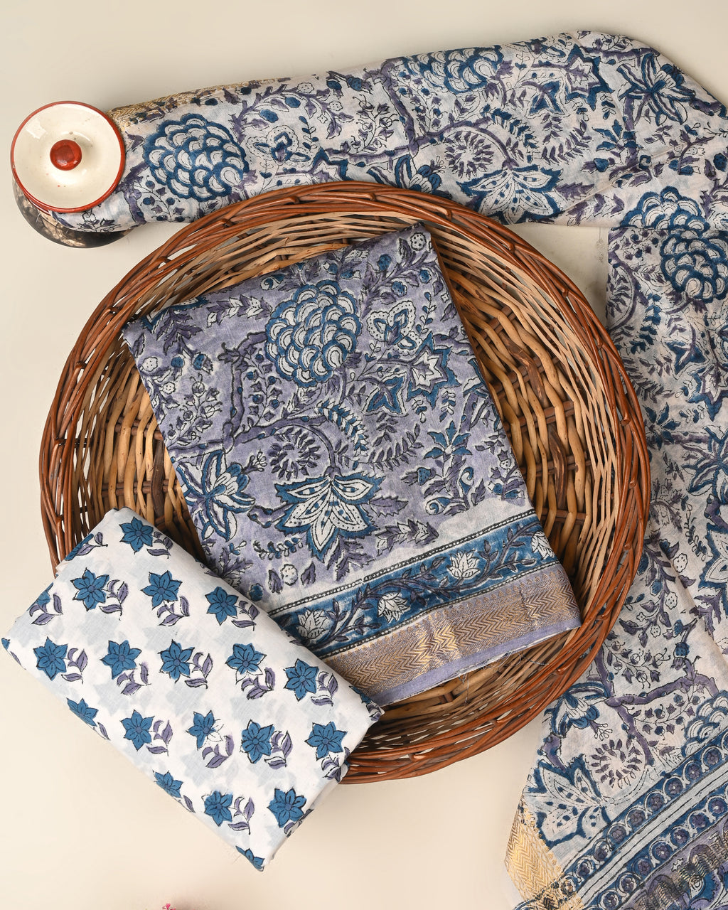 Designer hand block printed premium maheswari silk suit