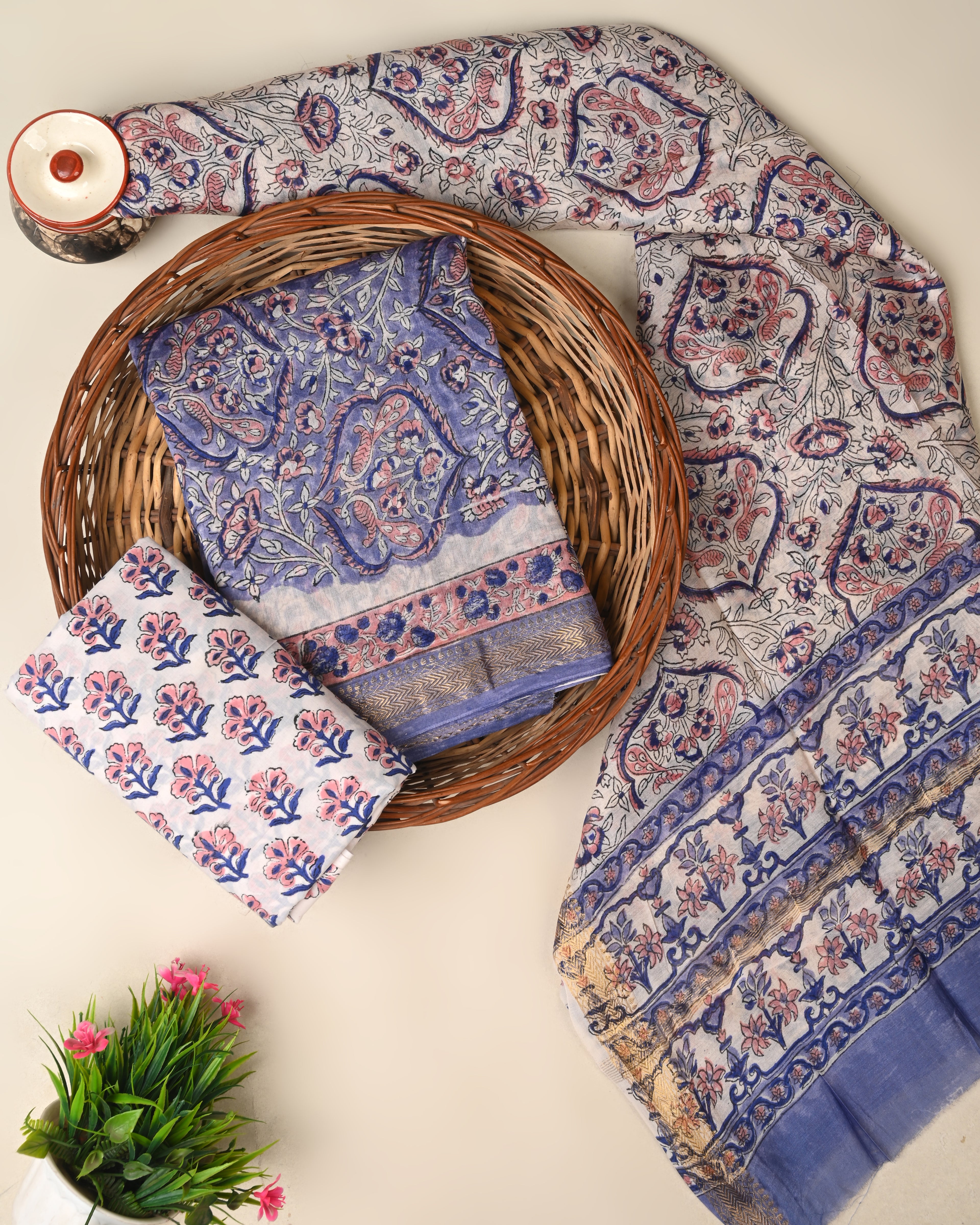 Designer hand block printed premium maheswari silk suit