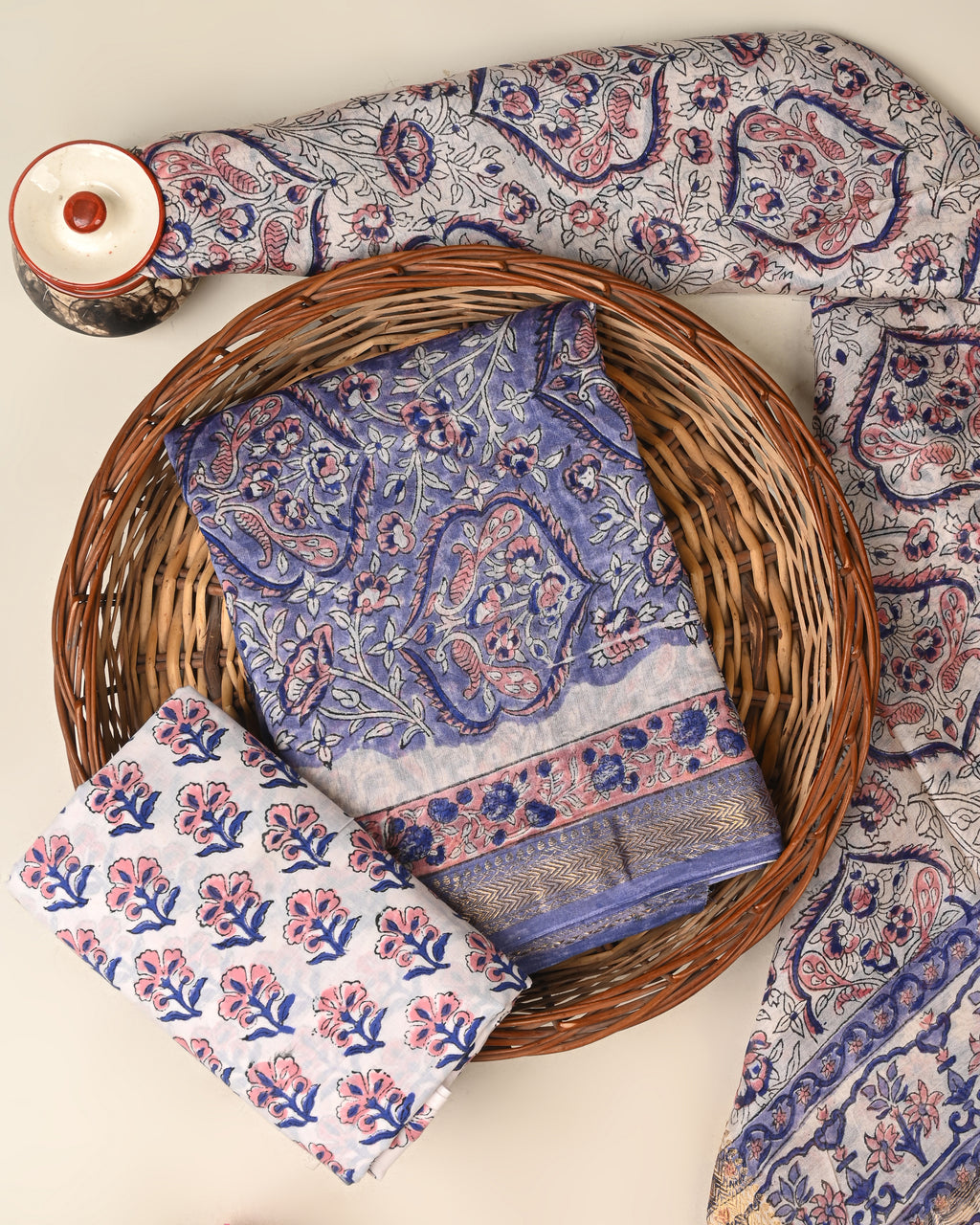 Designer hand block printed premium maheswari silk suit