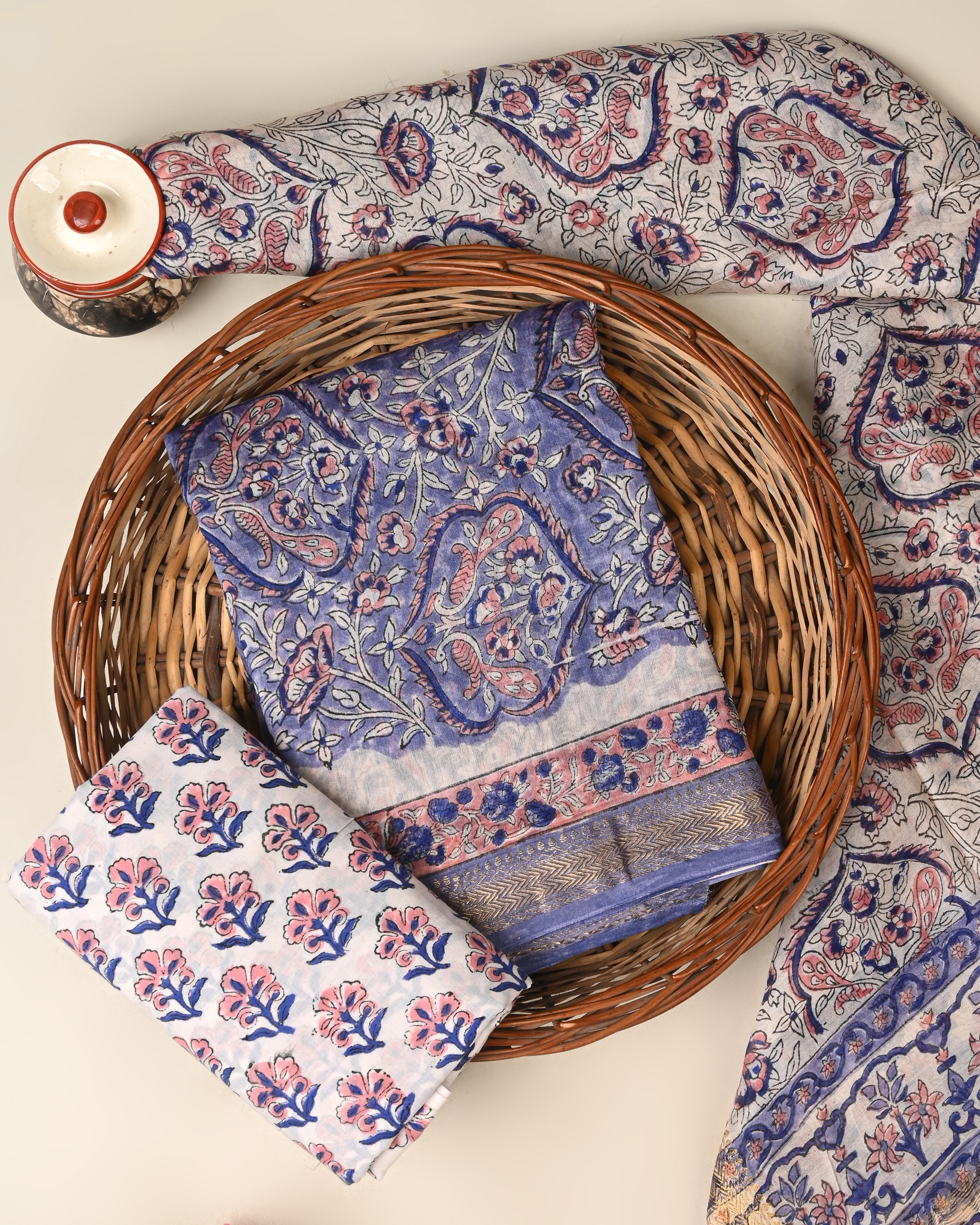 Designer hand block printed premium maheswari silk suit