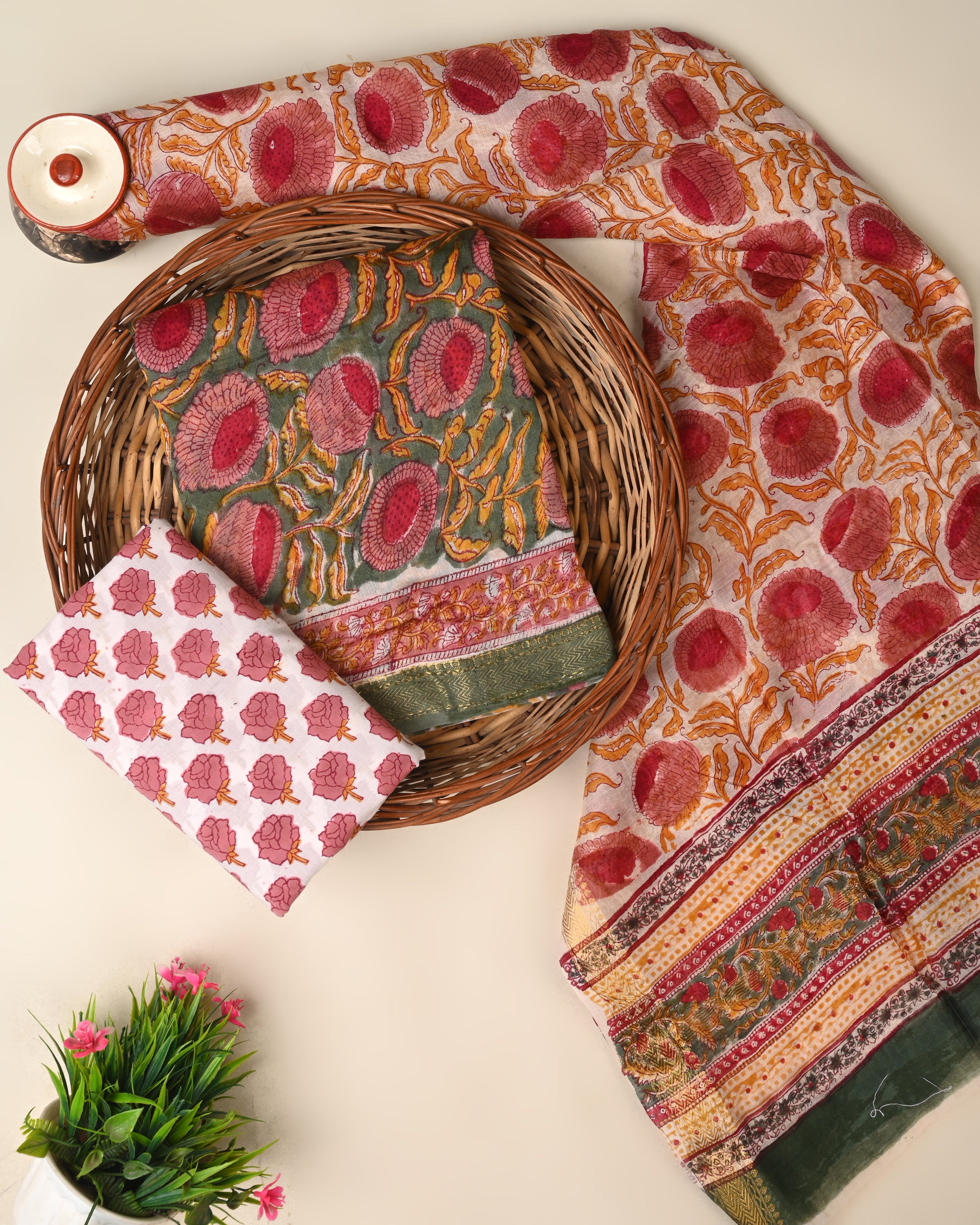 Designer hand block printed premium maheswari silk suit