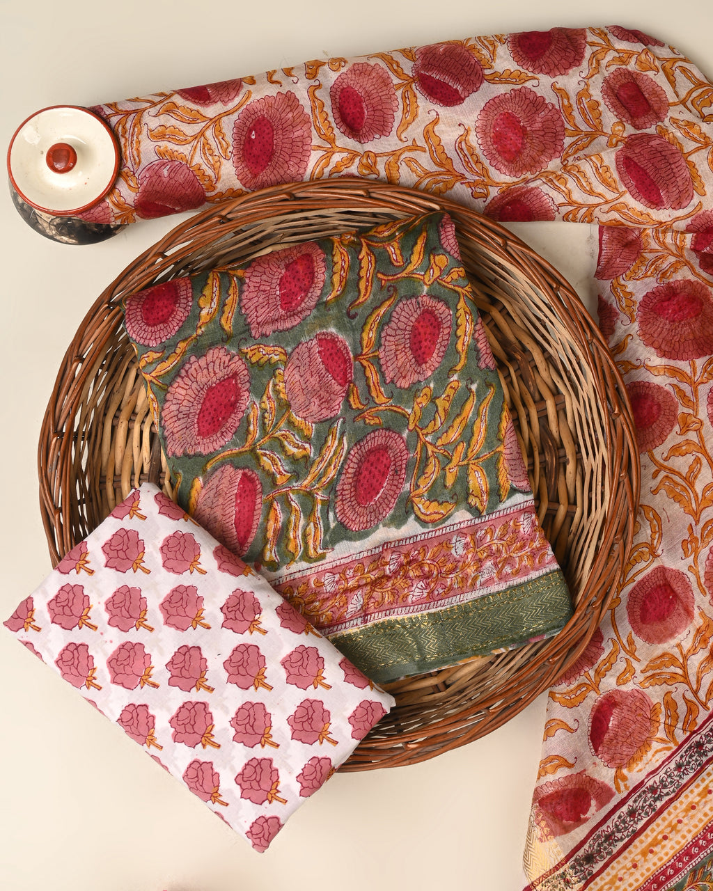 Designer hand block printed premium maheswari silk suit