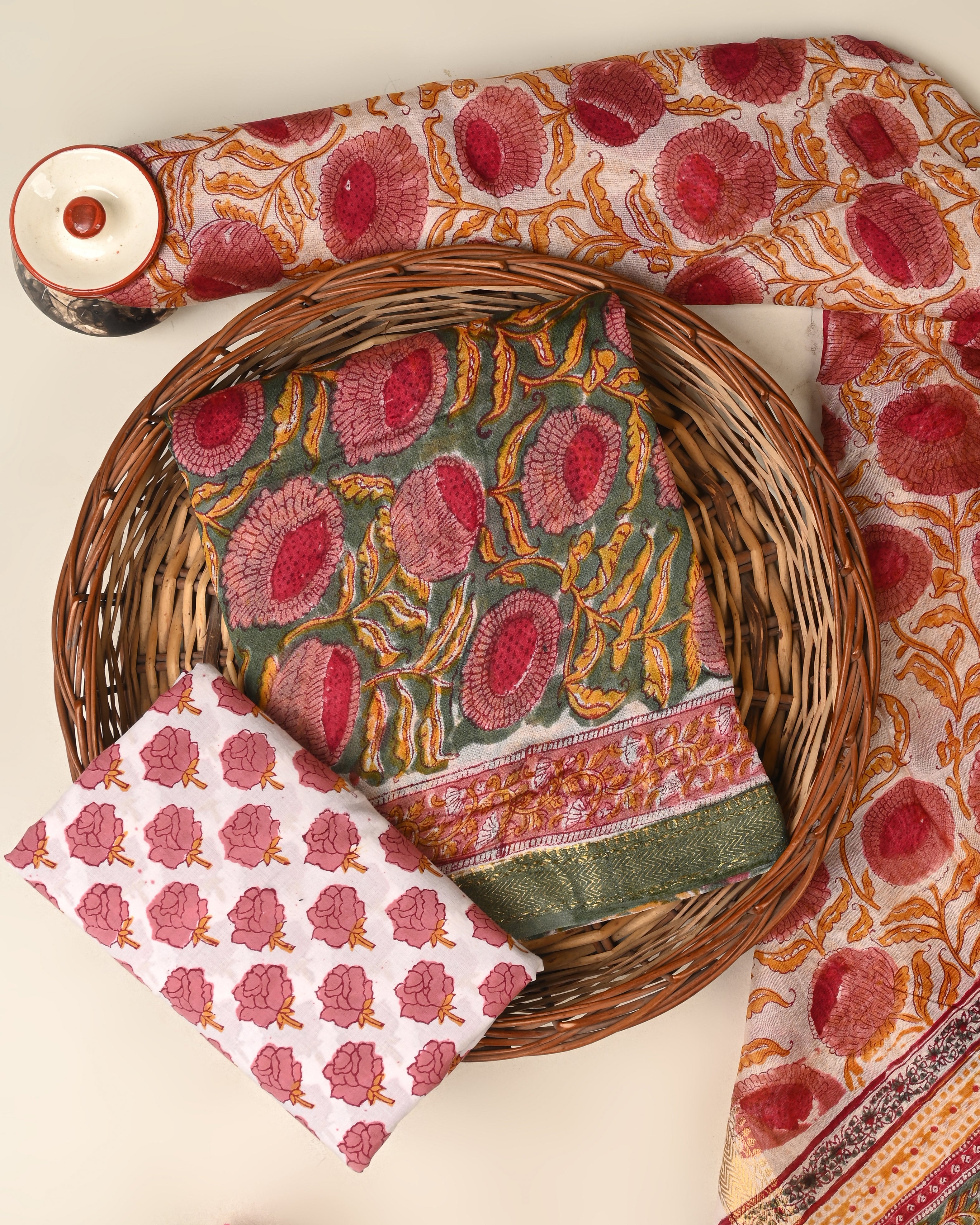 Designer hand block printed premium maheswari silk suit