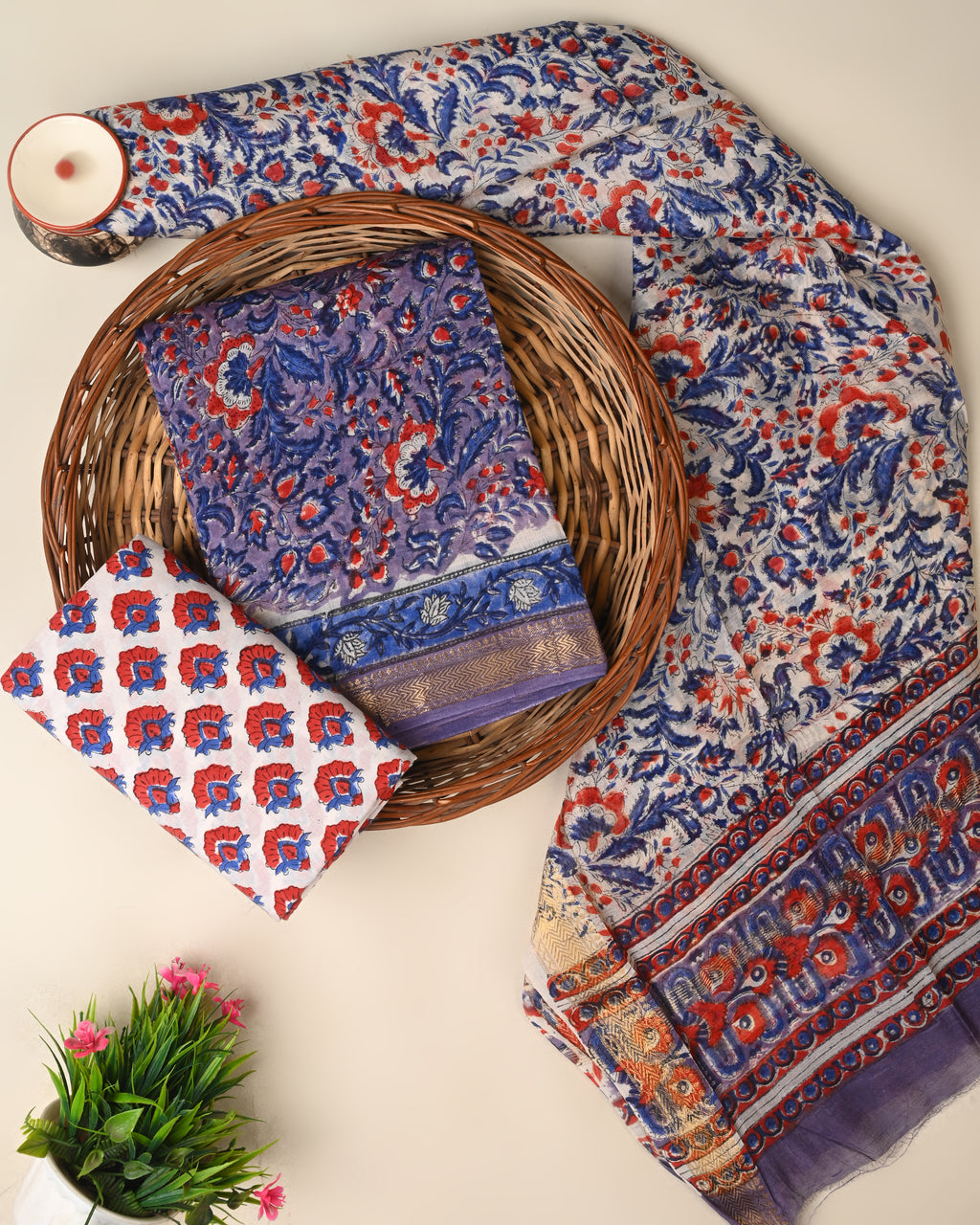 Designer hand block printed premium maheswari silk suit