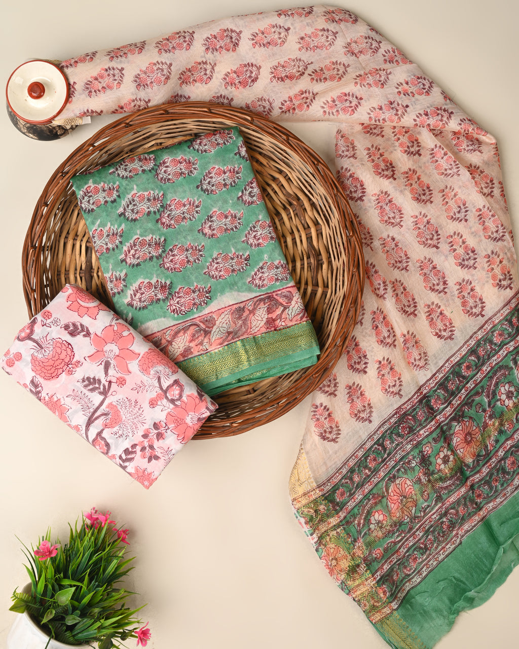 Designer hand block printed premium maheswari silk suit