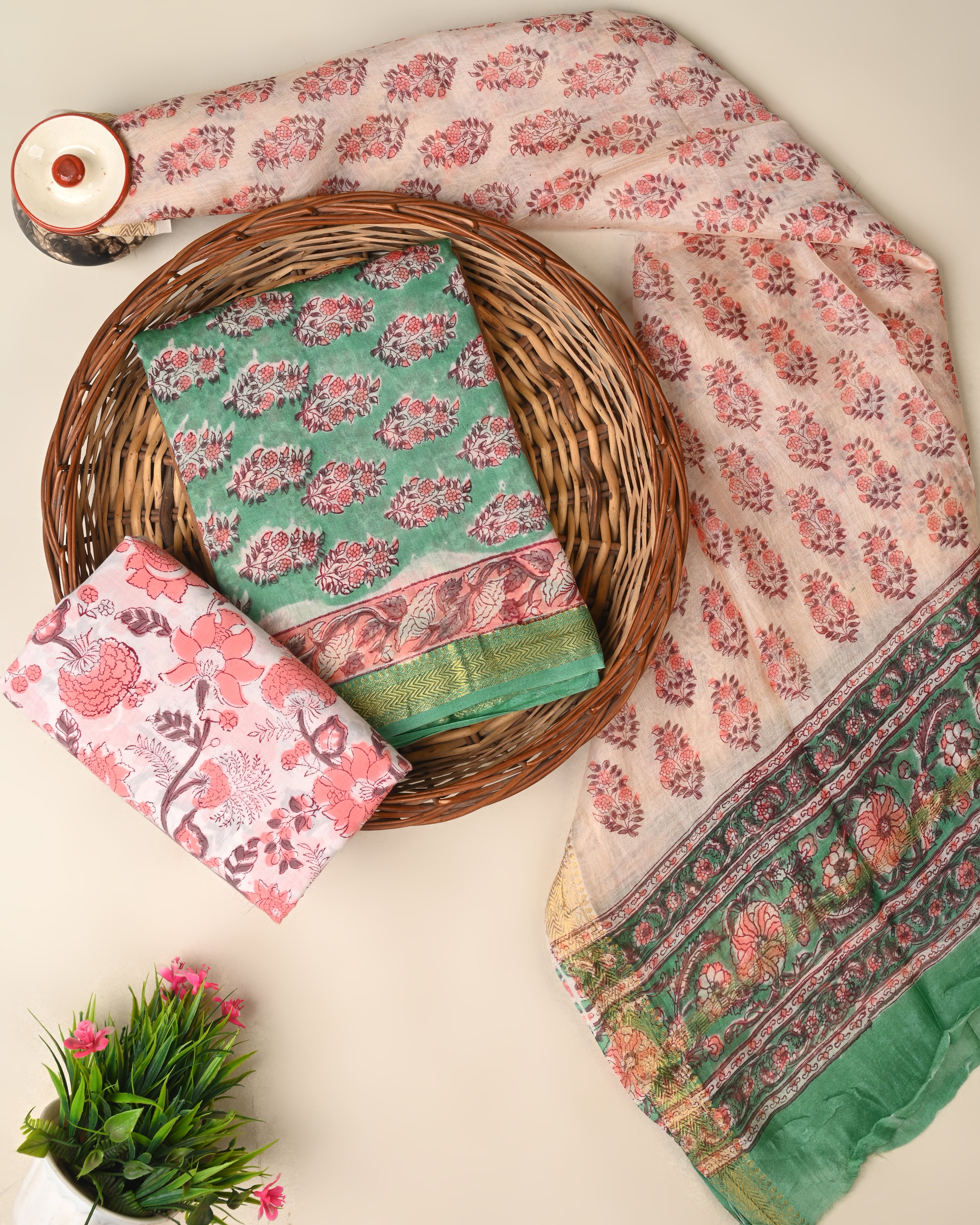 Designer hand block printed premium maheswari silk suit
