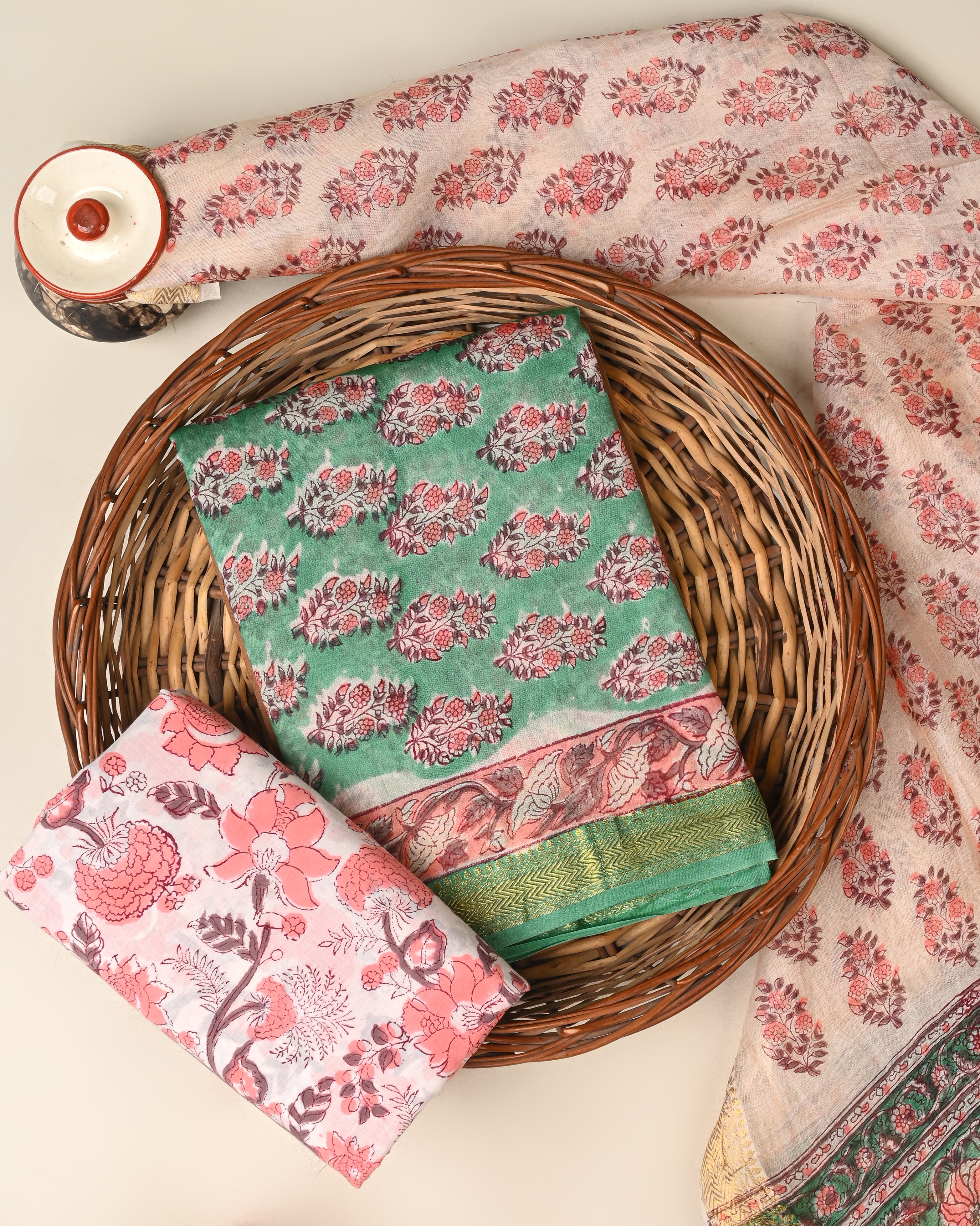 Designer hand block printed premium maheswari silk suit