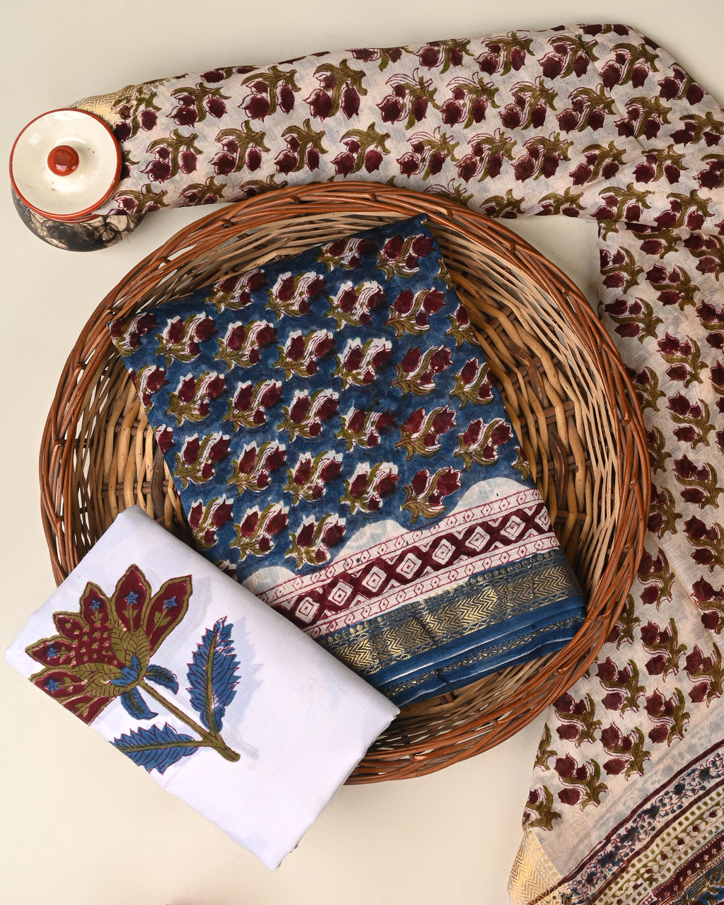 Exclusive hand block printed premium maheswari silk suit