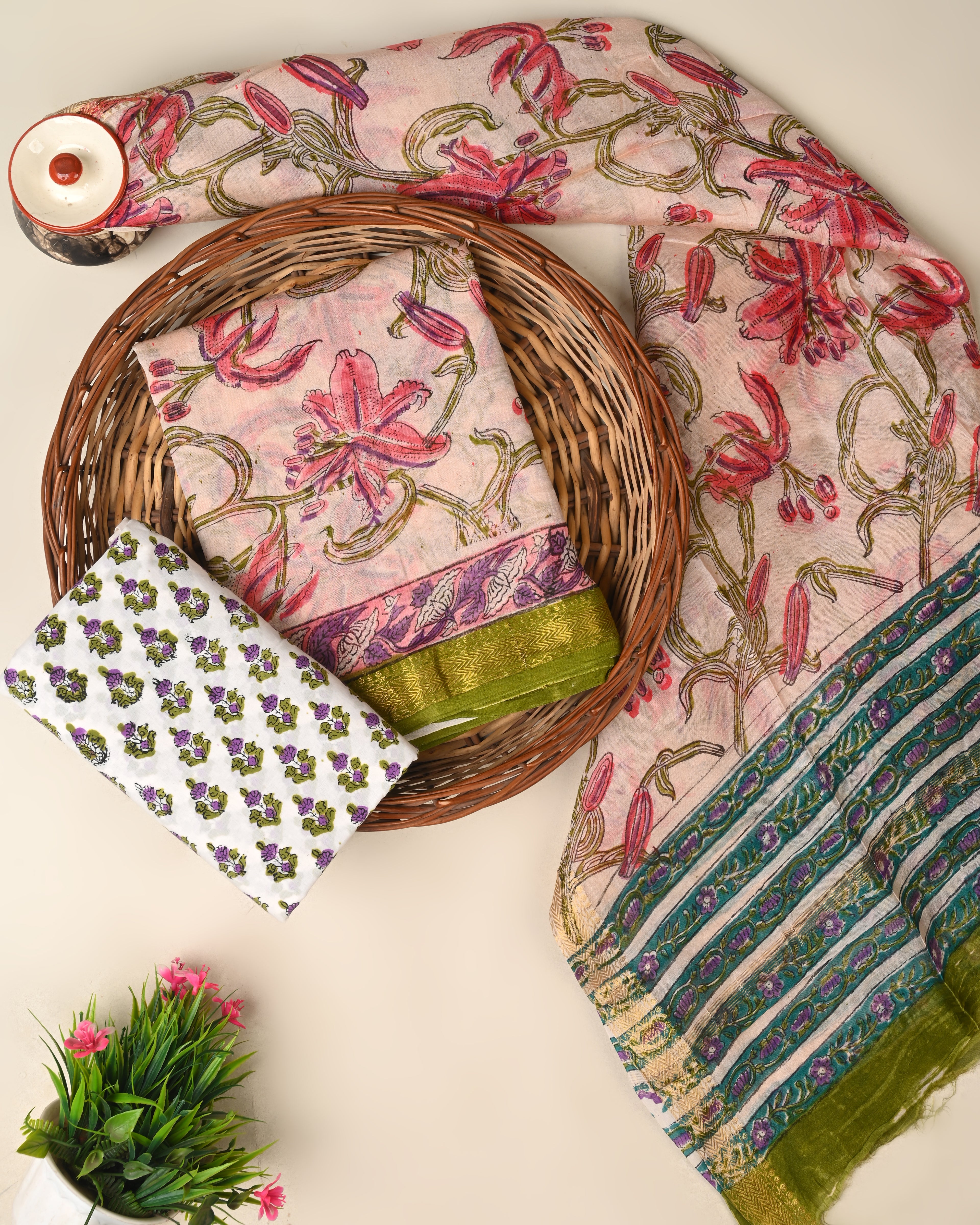 Traditional hand block printed premium maheswari silk suit