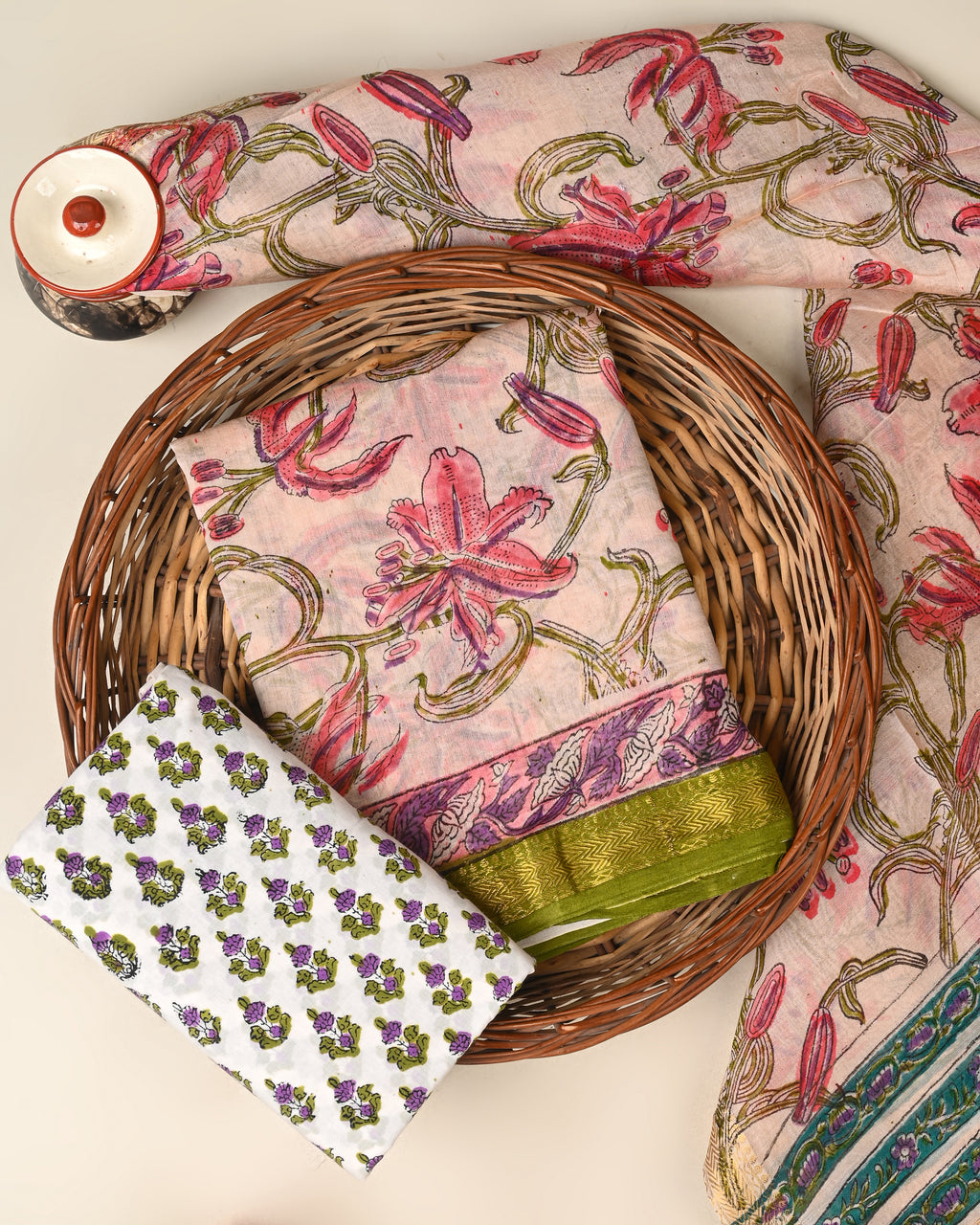 Traditional hand block printed premium maheswari silk suit