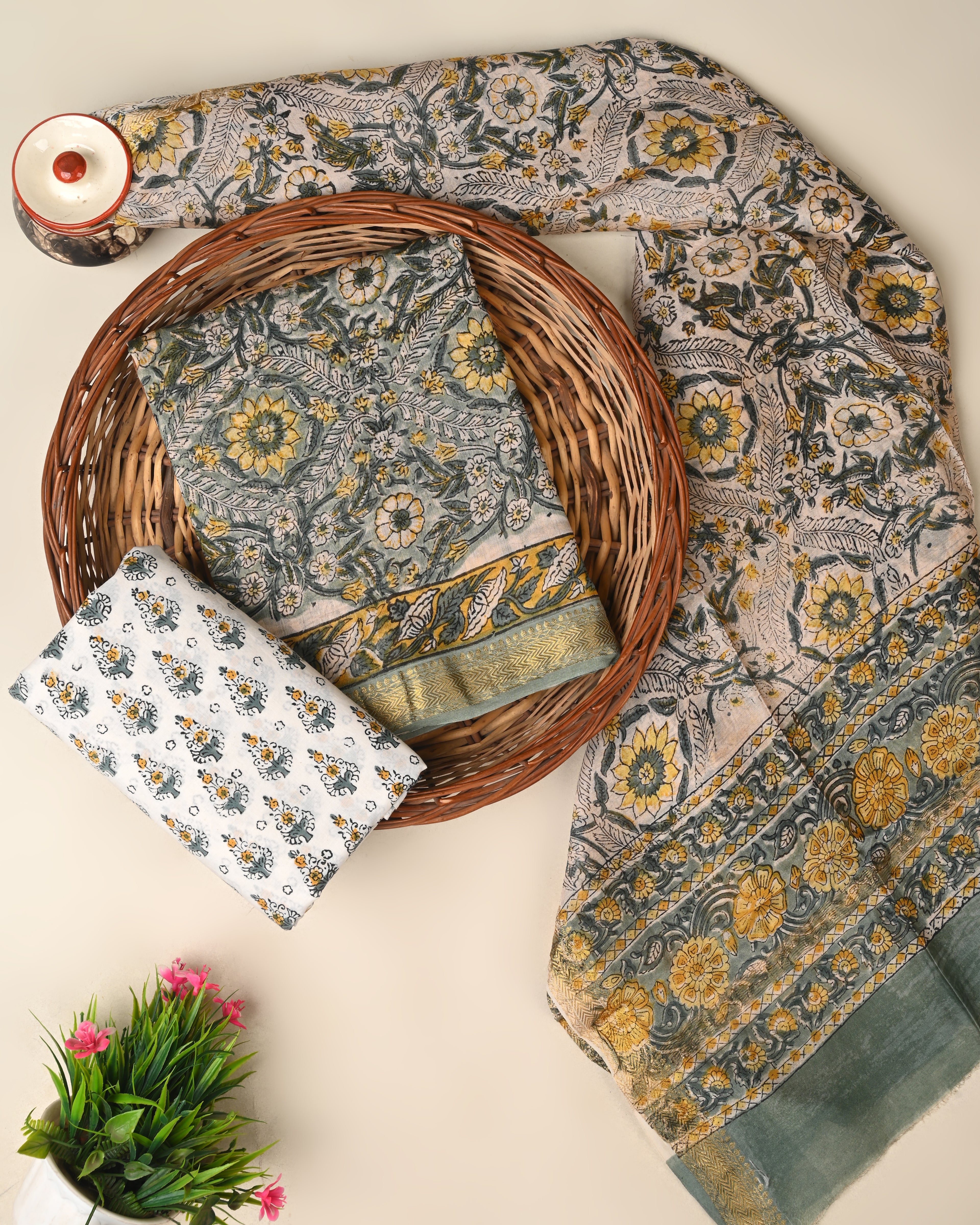 Traditional hand block printed premium maheswari silk suit