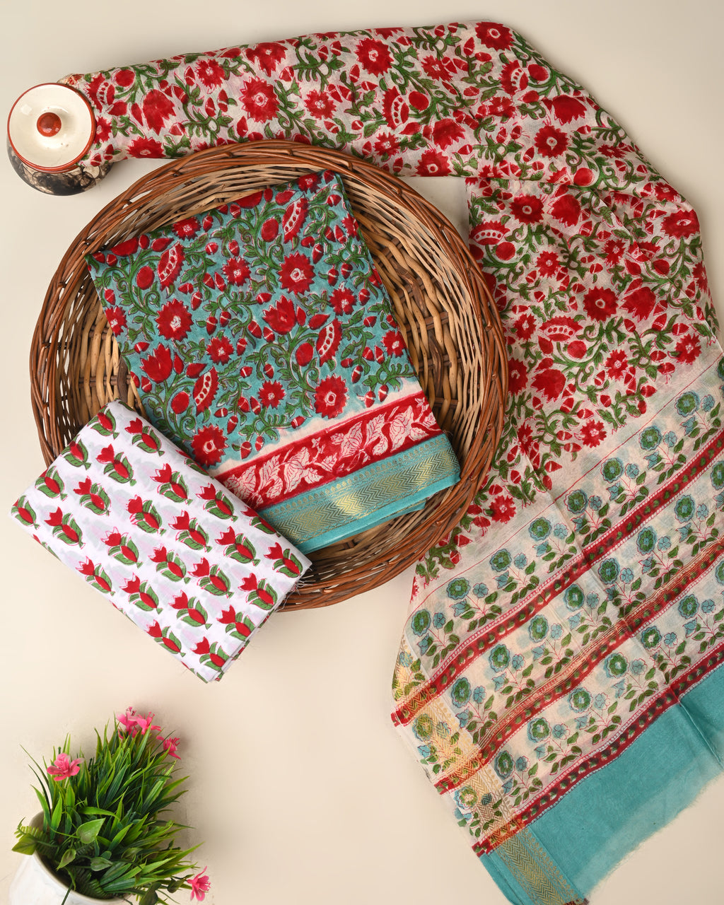 Designer Hand block printed maheswari silk suit