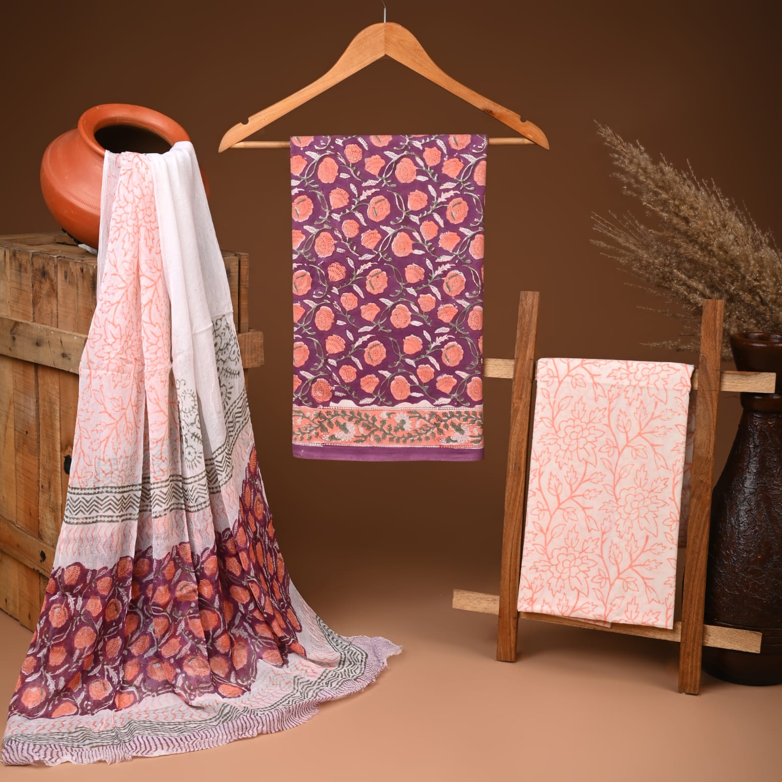 Handcrafted authentic jaipuri cotton suit with chiffon dupatta