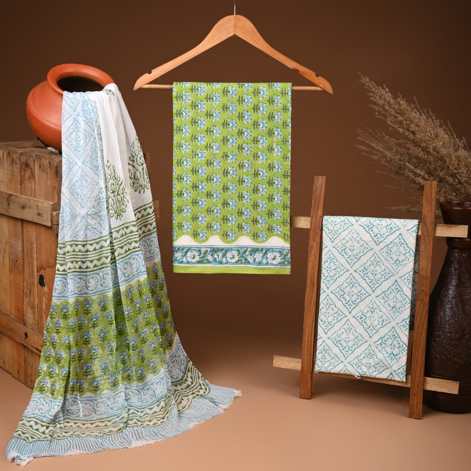 Handcrafted authentic jaipuri cotton suit with chiffon dupatta