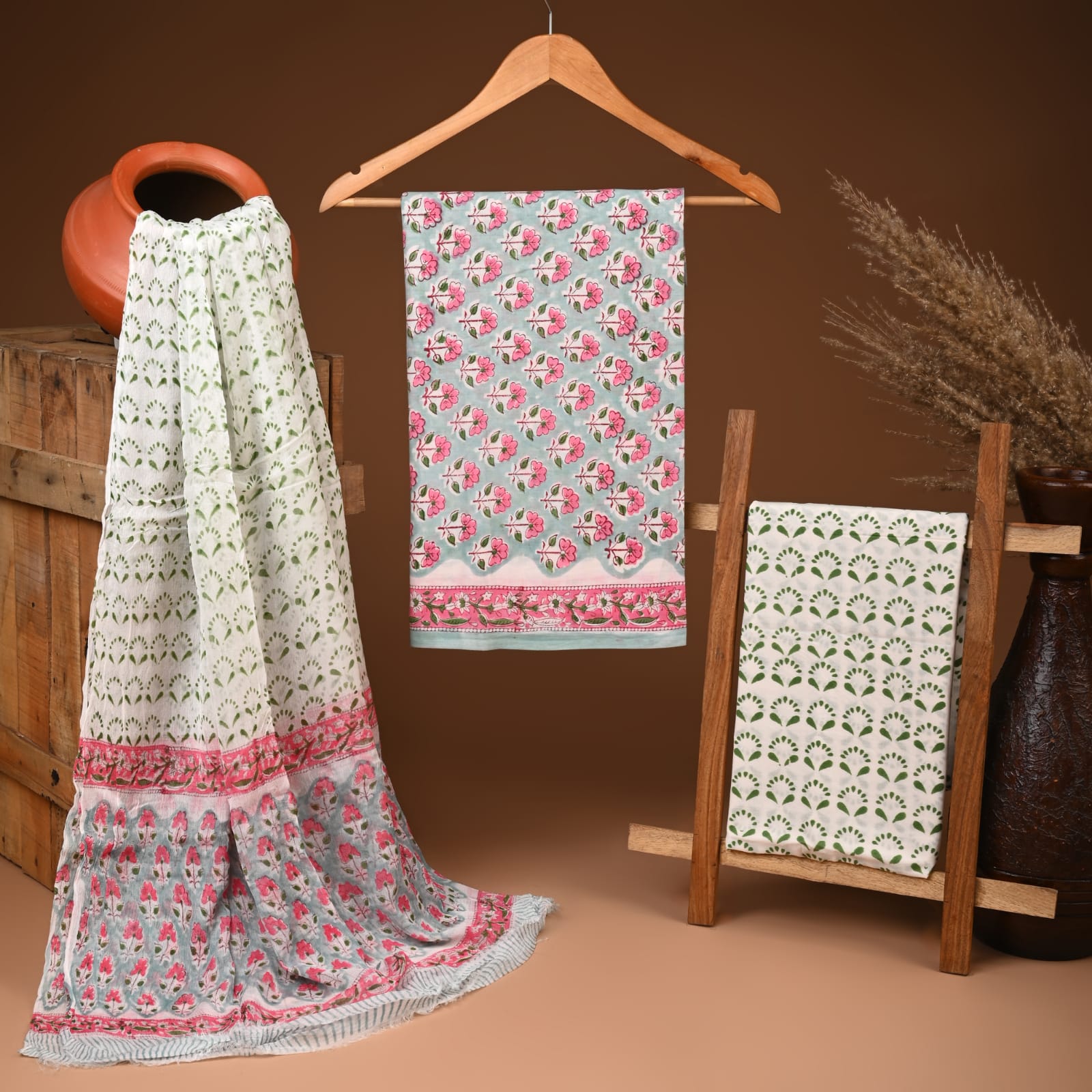 Handcrafted authentic jaipuri cotton suit with chiffon dupatta