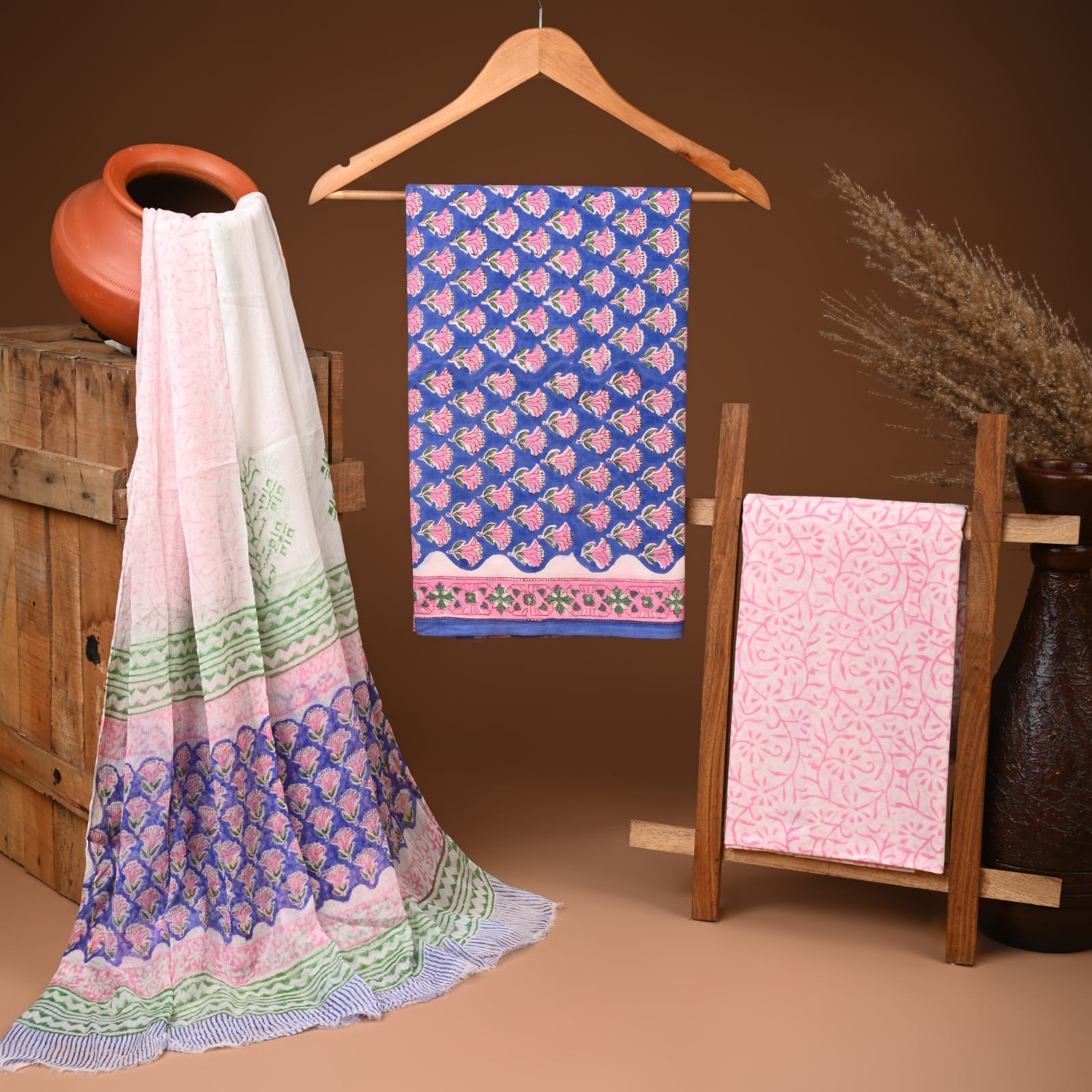 Handcrafted authentic jaipuri cotton suit with chiffon dupatta