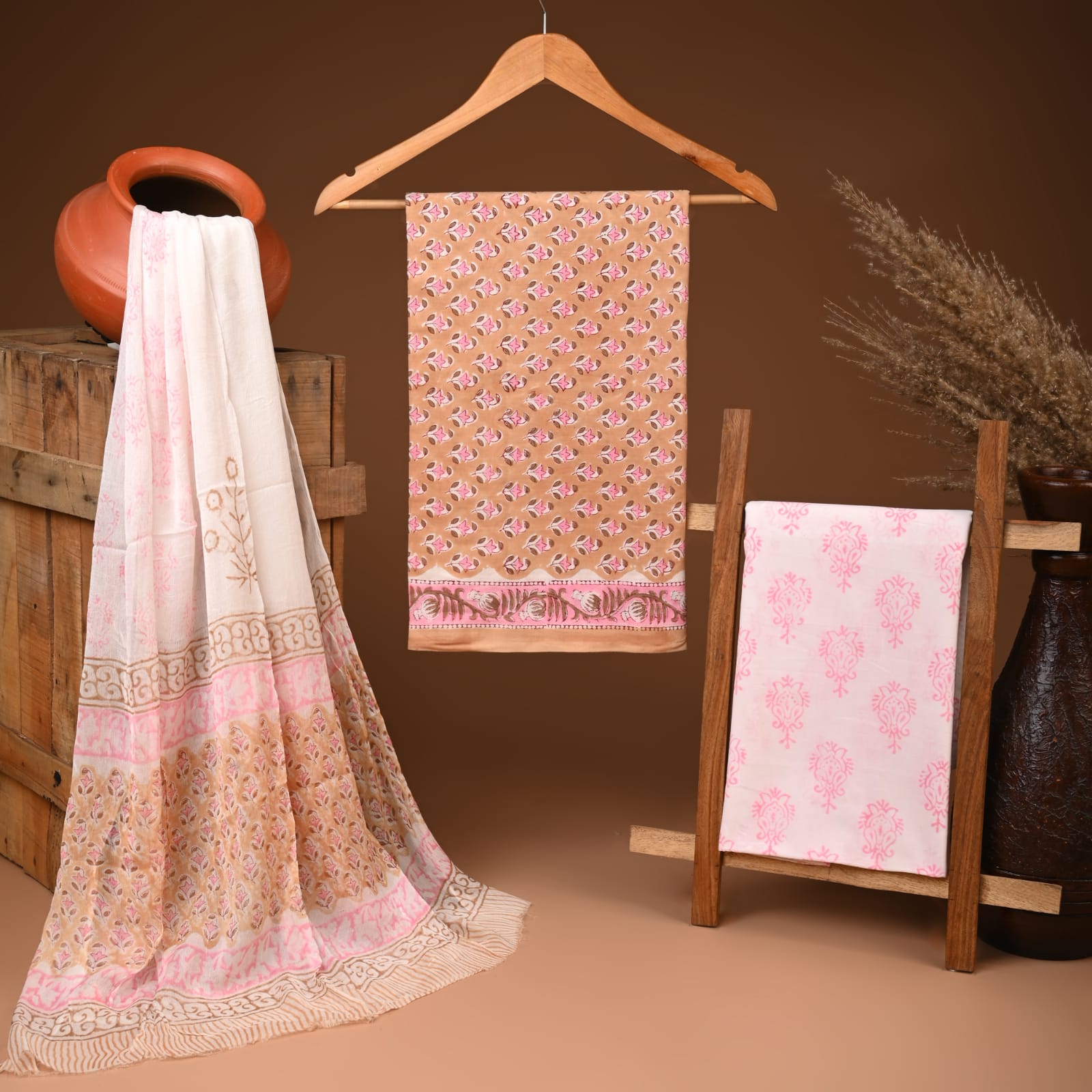 Handcrafted authentic jaipuri cotton suit with chiffon dupatta