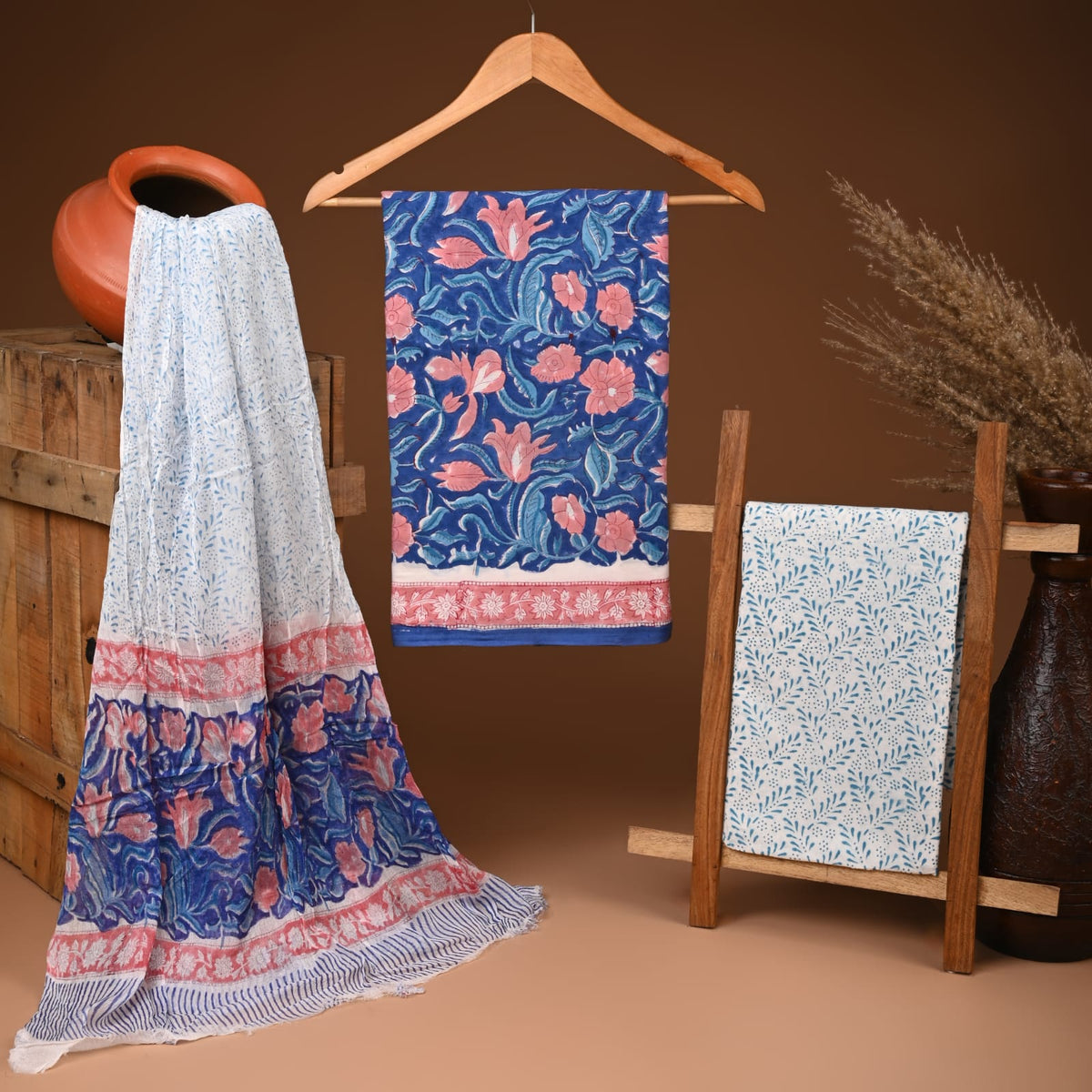 Handcrafted authentic jaipuri cotton suit with chiffon dupatta