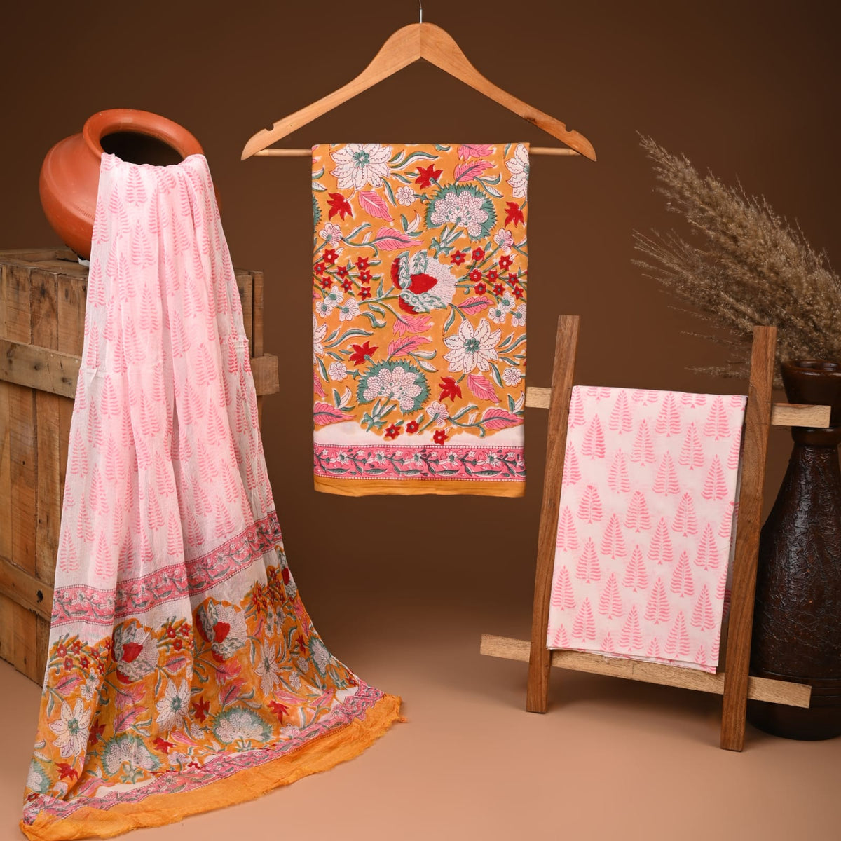 Handcrafted authentic jaipuri cotton suit with chiffon dupatta