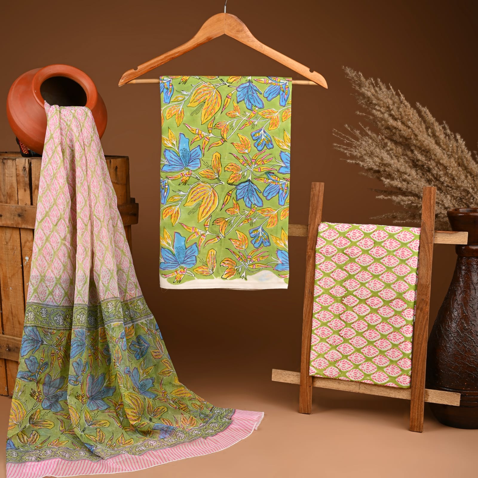 Handcrafted authentic jaipuri cotton suit with chiffon dupatta