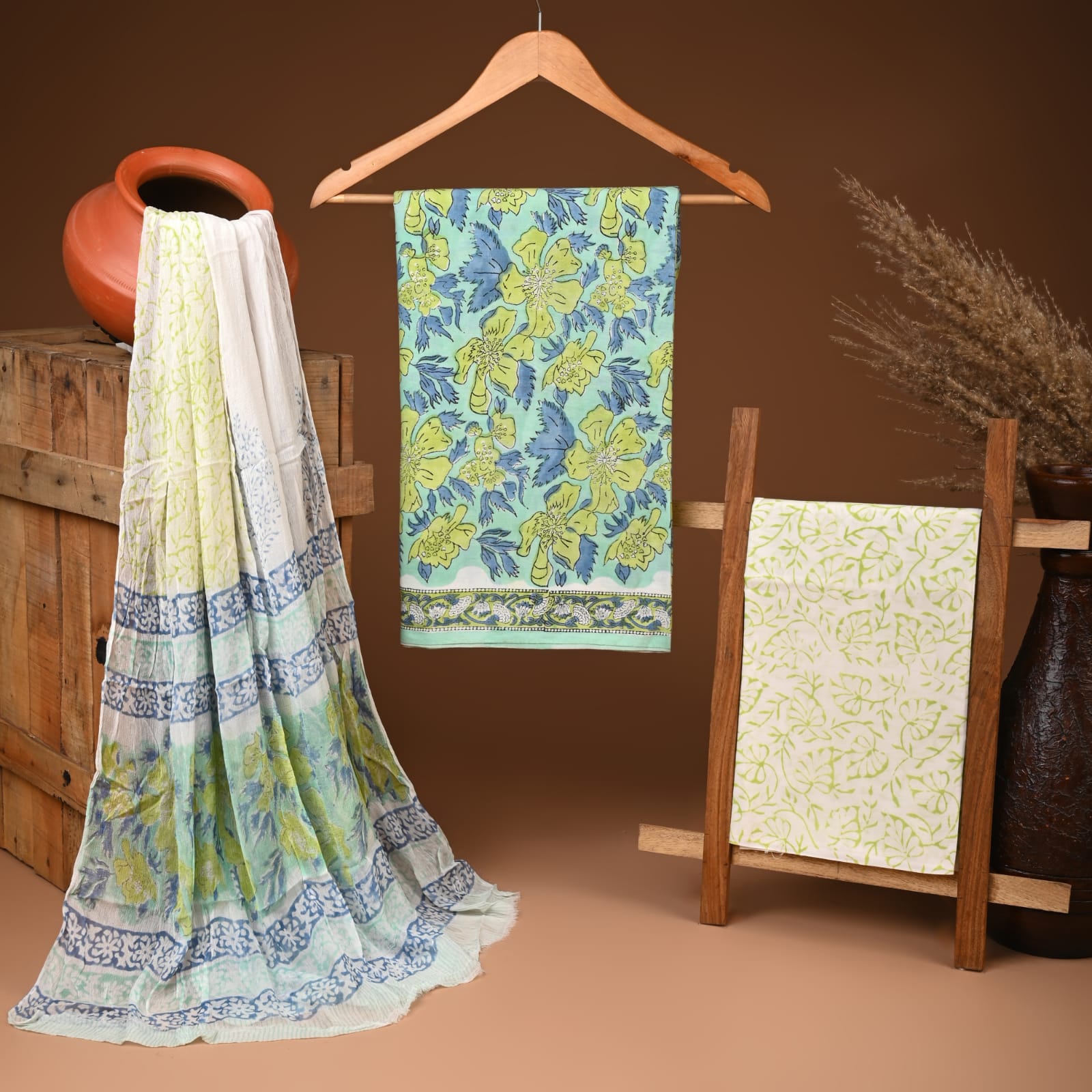 Handcrafted authentic jaipuri cotton suit with chiffon dupatta