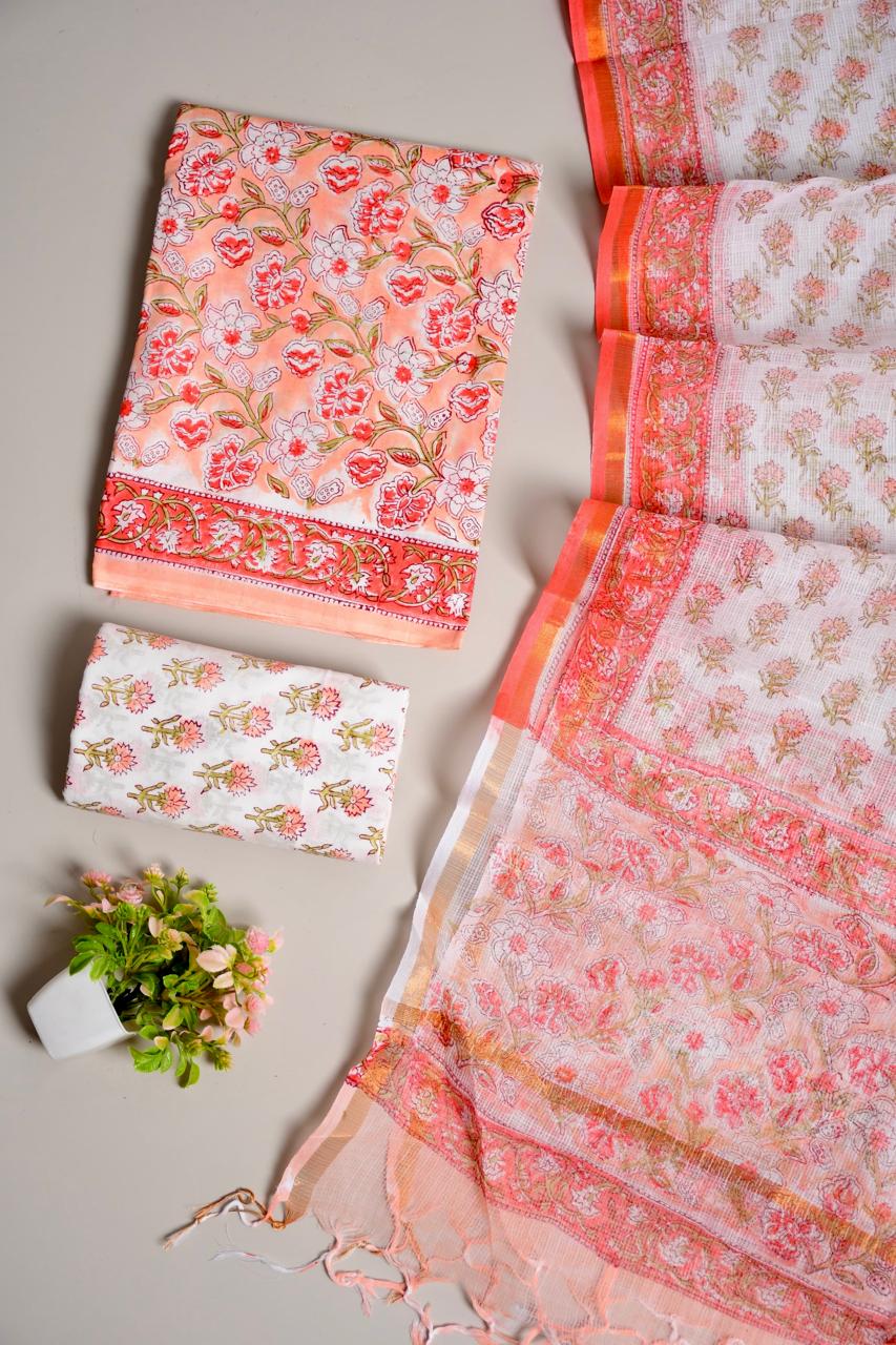 Beautiful hand block printed cotton suit with kota doriya dupatta